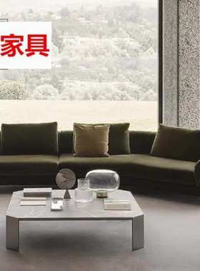 极简美式轻奢墨绿色绒布别墅大户型客厅布艺褶皱转角弧形沙发组合