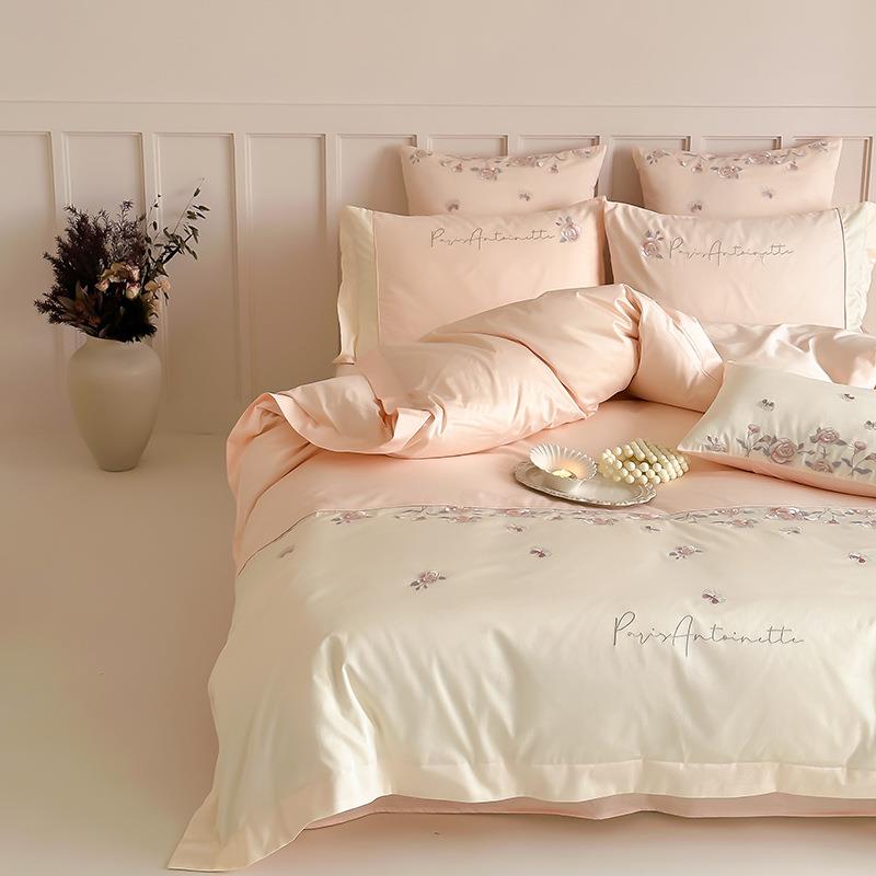 法式轻奢100Spro长绒棉床上四件套浪漫刺绣全棉被套床单纯棉床品4