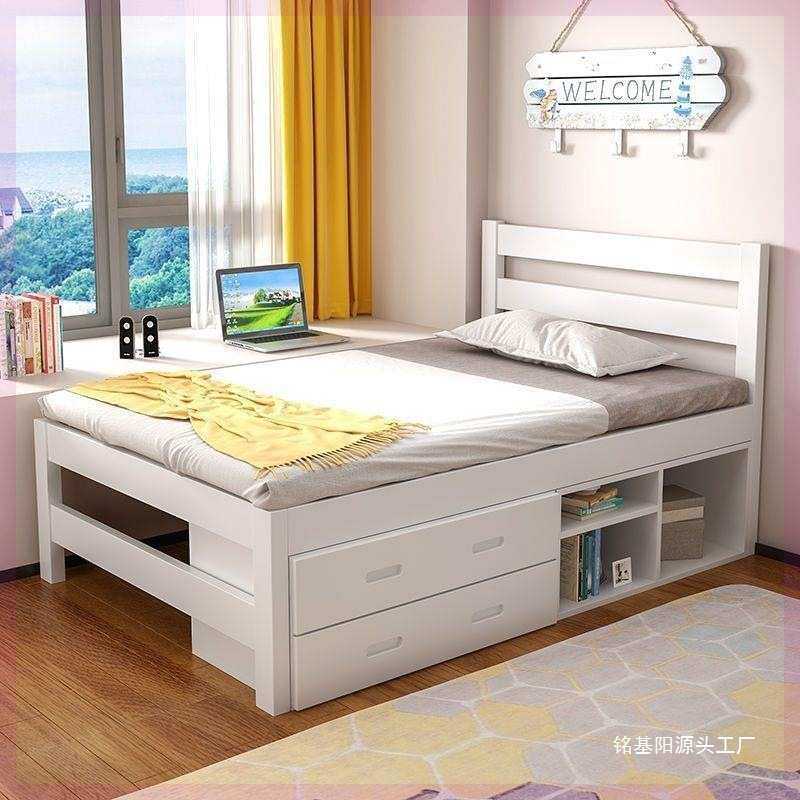 实木床北欧飘窗一体小床储物收纳小户1m单人床90cm宽加高腿儿童床