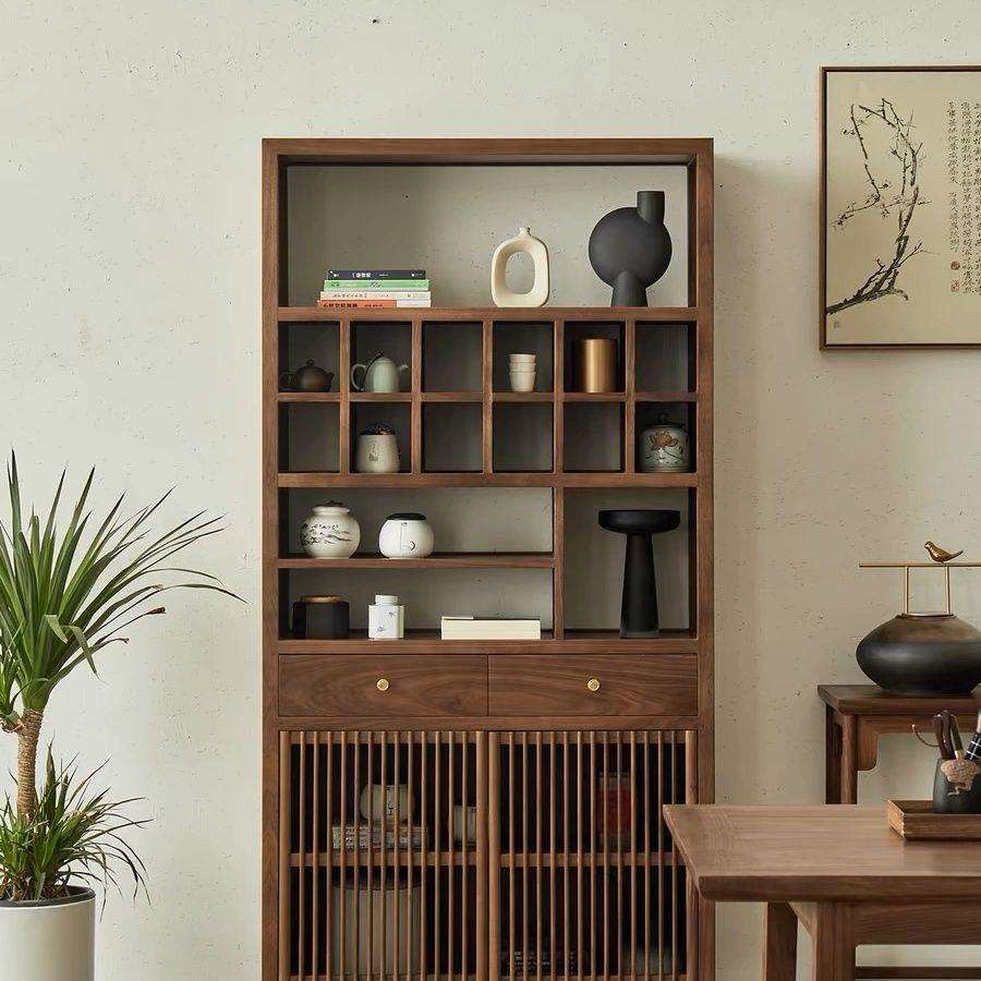 中式实木榆木博古架黑胡桃置物架展示柜禅意书架多宝阁茶室书柜