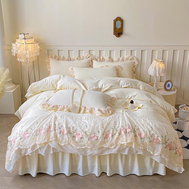 跨境轻奢公主风水洗棉重工艺四件套少女心蕾丝花边被套床品
