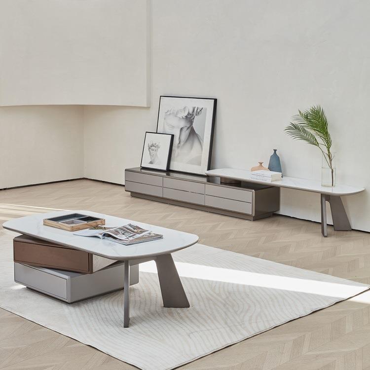 岩板电视柜现代简约茶几组合轻奢客厅家用小户型可伸缩储物落地柜