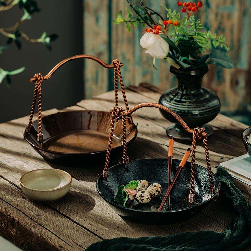 日式陶瓷提手盘子菜盘网红特色酒店农家乐餐厅深盘艺术摆盘感