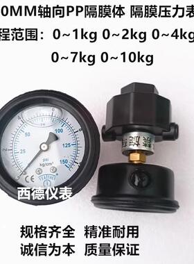 60MM轴向耐酸碱隔膜压力表1KG,2KG,4KG,7KG,10KG，PP耐酸碱隔膜表