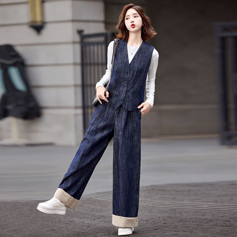 春款又a又飒牛仔马甲阔腿裤套装春装女2025年新款爆款时尚洋气