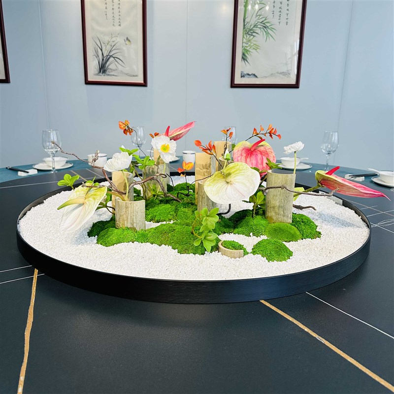 酒店大圆桌子摆花餐桌转盘中间摆件餐厅饭店包间桌面装饰沙盘景观