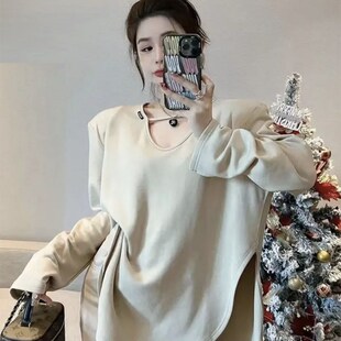 中长款薄绒磨毛开叉l打底衫2024新款女秋冬内搭设计感长袖宽松t恤