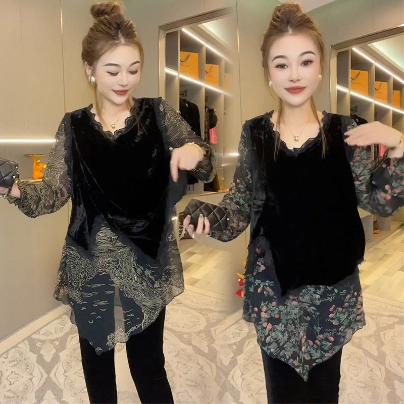 碎花假两件t恤女24秋冬v领洋气A蕾丝边设计感不规则中长款打底衫