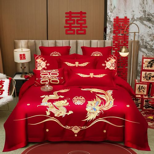 中式婚庆四件套大红100支全棉刺绣婚房婚礼结婚喜被套单床上用品4