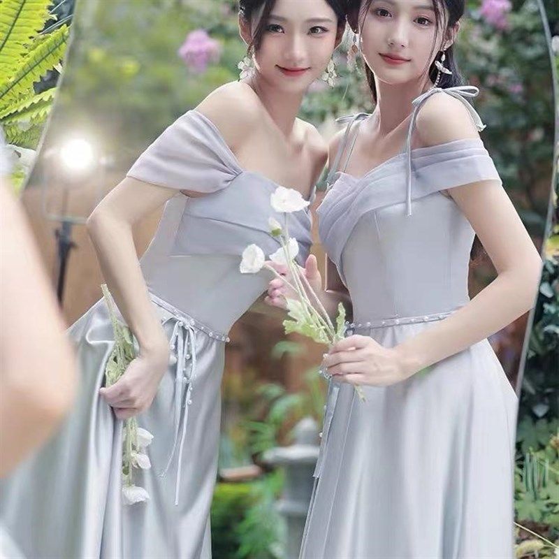 《定制》250斤大码高级灰新款伴娘服姐妹裙婚礼缎面2024新款日常