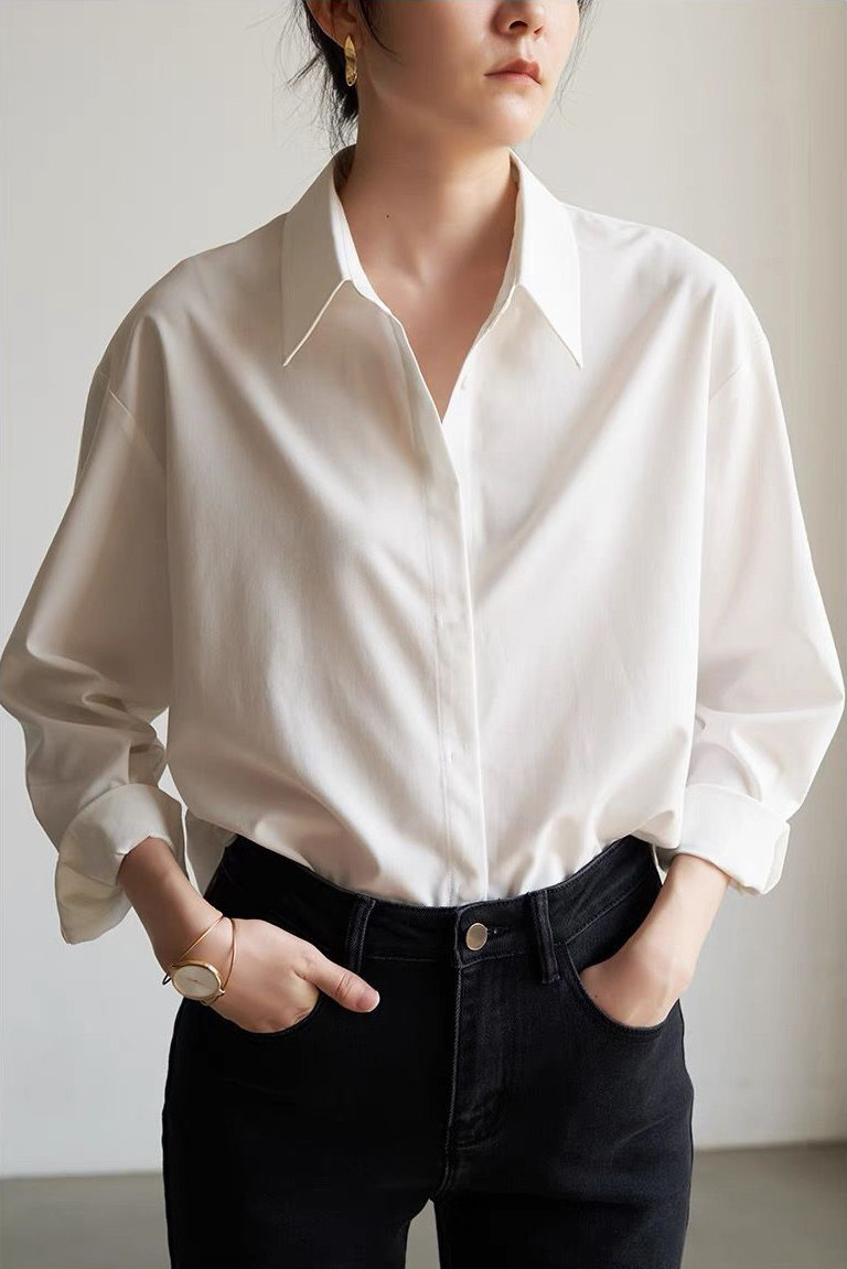 2024春装新款网红白色单衬衫女宽松垂感气质慵懒风W简约基础款衬