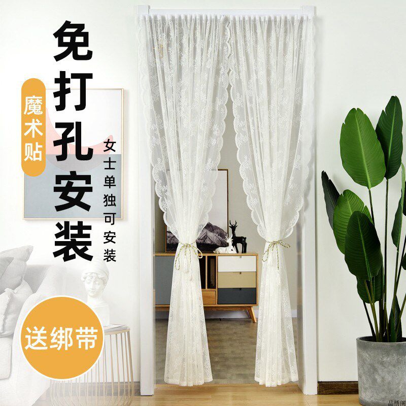 防蚊韩式白色蕾丝魔l术贴窗帘纱帘帘厨房装饰帘短门帘门帘隔断免