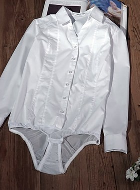 2020新款连体衬衫女长袖白色职业工作装V领连裤衬衣面试职业工装