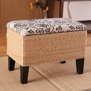 藤草编收纳凳实木储物凳换鞋凳可坐人门J厅凳沙发坐凳搁脚凳整理