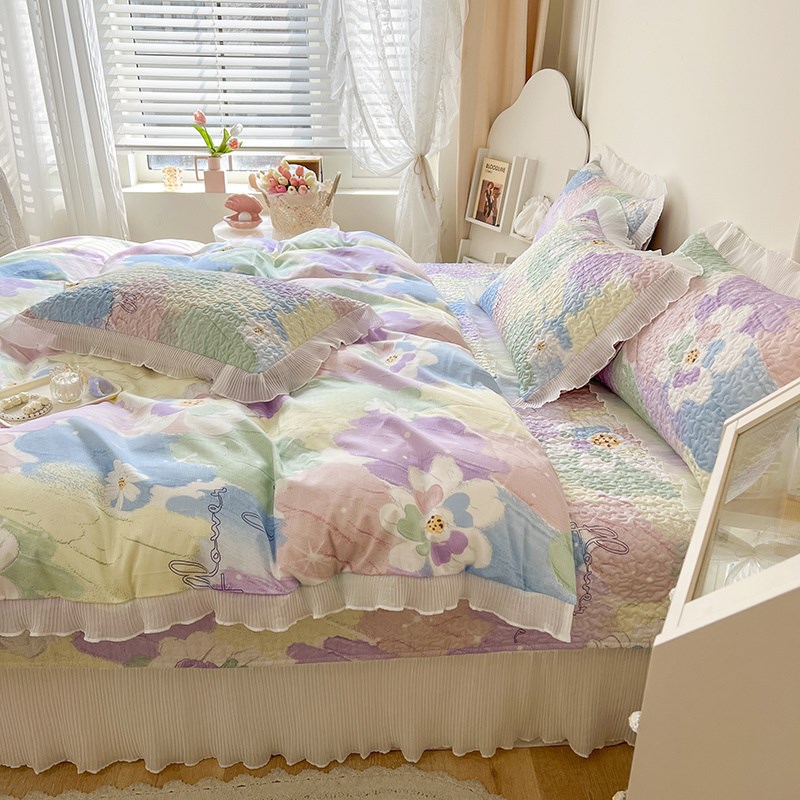 韩版床盖80支纯棉三四件套公主风全棉床单被套四季榻榻米夹棉绗缝
