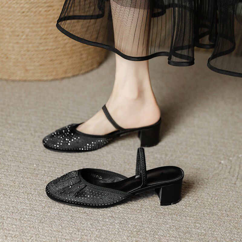 黑色圆头浅口水钻粗跟5公分t高跟鞋女凉鞋2024春秋新款一字带单鞋