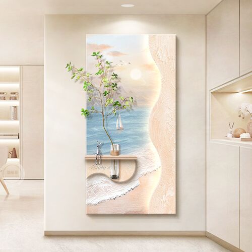 原木奶油风入户玄关装饰画立体海C浪客厅走廊过道挂画正对门壁灯