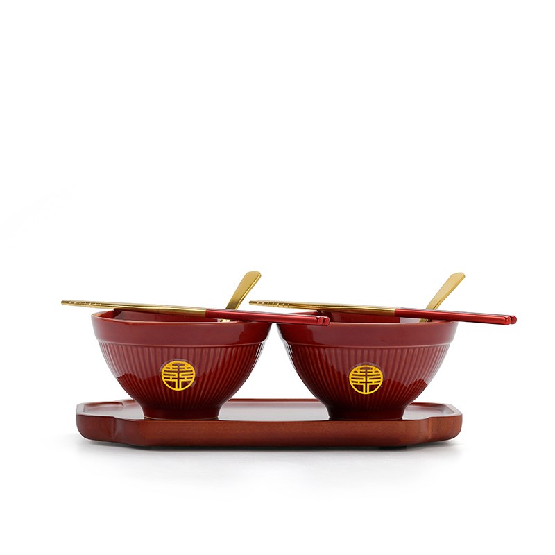 结婚喜碗筷套装一对送新人礼物女方陪嫁实用订婚礼品红色新婚对碗