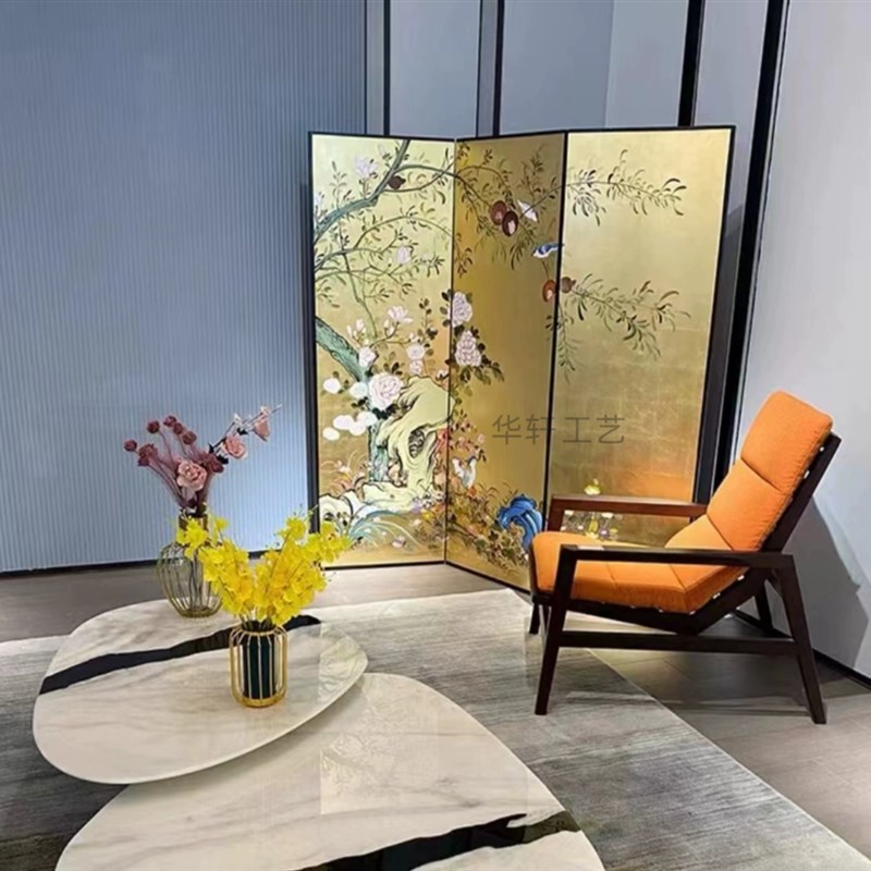 定制摄影背景婚礼k屏风折屏金箔隔断玄关中古屏风手绘漆画沙发卧