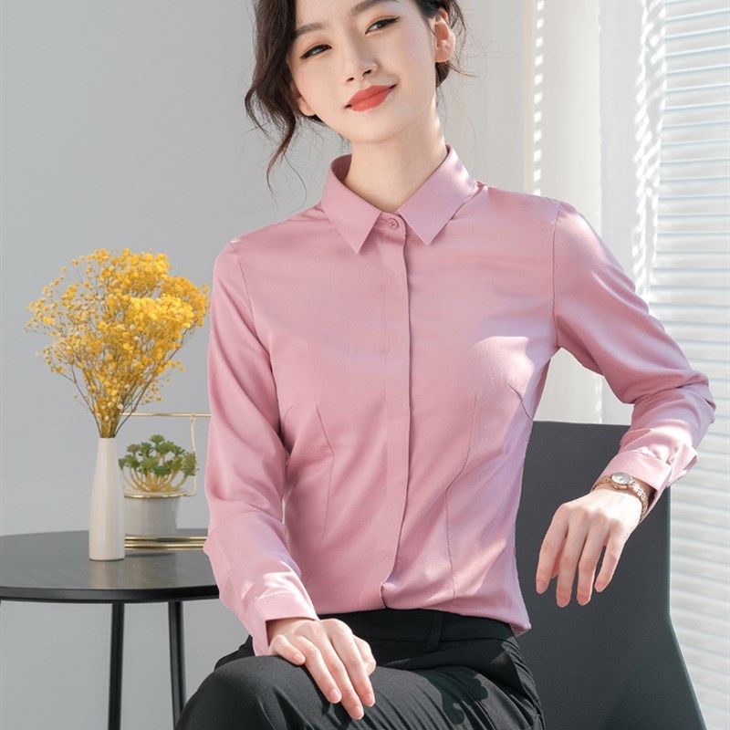 衬衣女早秋长袖白衬衫高端女士职业正G装工作服粉色新款百搭免烫