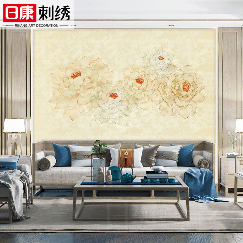 独绣刺绣墙布中式国色天香婚房卧室床头客厅餐厅沙发电视背景壁布