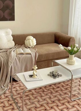 家用小户型中古茶几客厅极简套几不锈钢长茶几白色长X方形边几矮