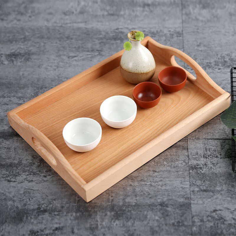中式双耳实木托盘长方形带把手茶盘榉木质方盘餐盘V环保木盘子平