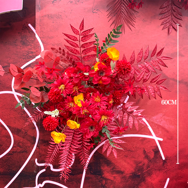 大红色中式婚庆地排花农村舞台挂花迎宾区角花装饰路引花绢花排花