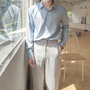 秋冬抗褶皱免熨烫宽松男长袖衬衫雪纺F仿棉质感柔软垂坠高级浅蓝