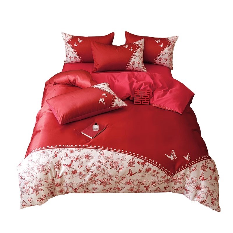 中式结婚四件套大红色陪嫁床单被套婚庆床上用品婚房喜被
