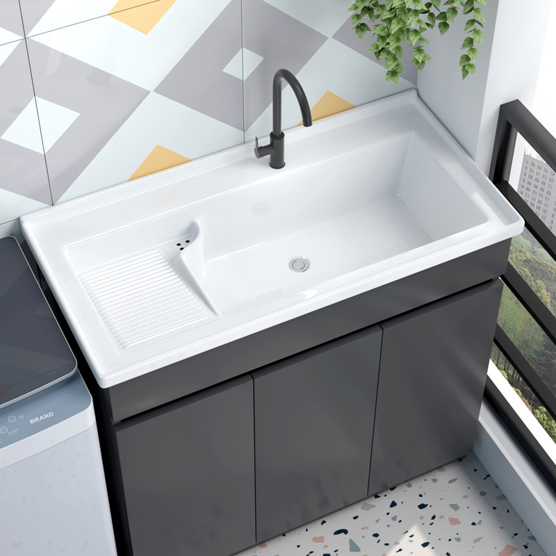 全柜18mm铝蜂窝整o板洗衣柜阳台陶瓷一体盆带搓板加深洗衣池落地