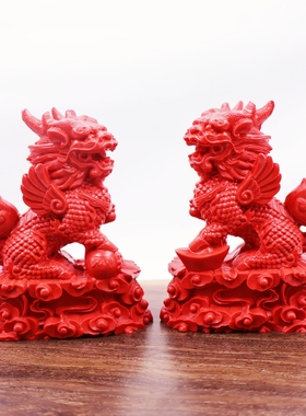 红麒麟朱砂胶泥招财摆件一对