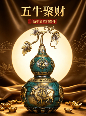 黄铜飘花五牛福临门摆件招财福禄玄关客厅办公室装饰工艺品乔迁礼