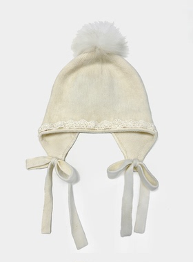 【1-21】纯色针织护耳帽女秋冬毛球蕾丝边绑带保暖帽子ZZ52363