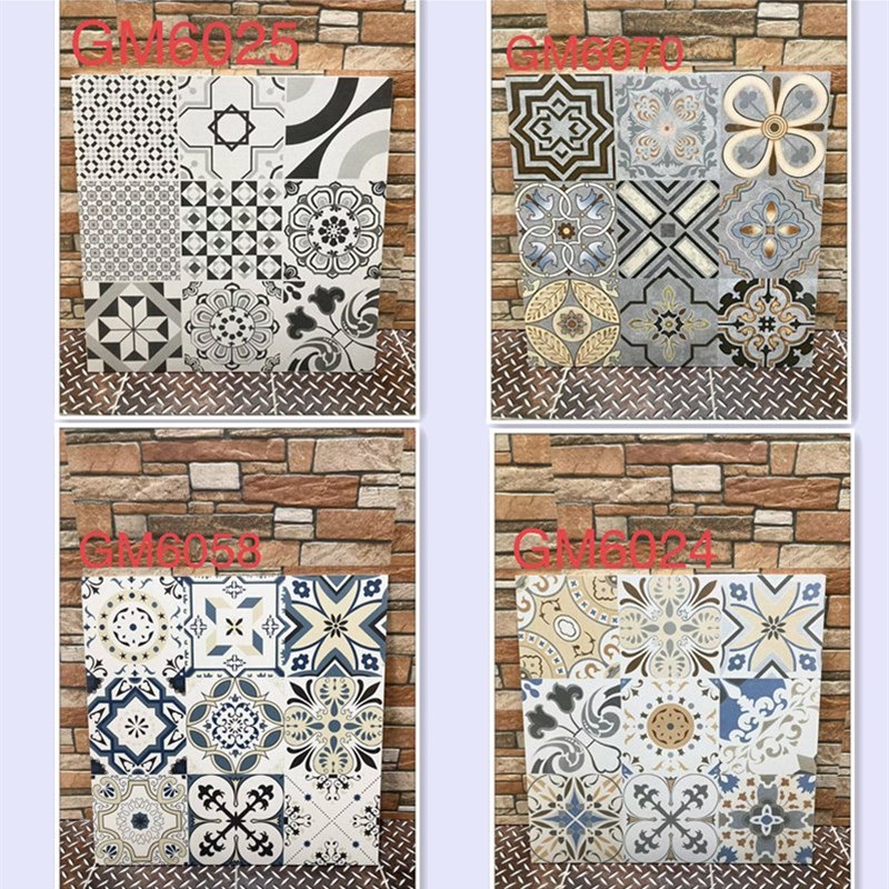 阳台瓷砖庭院子仿古l卫生间水泥砖地砖黑白复古厨房小花砖600x600