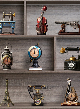 创意复古地球仪时钟桌面摆v件酒柜书架书柜摆设客厅书房家居装饰