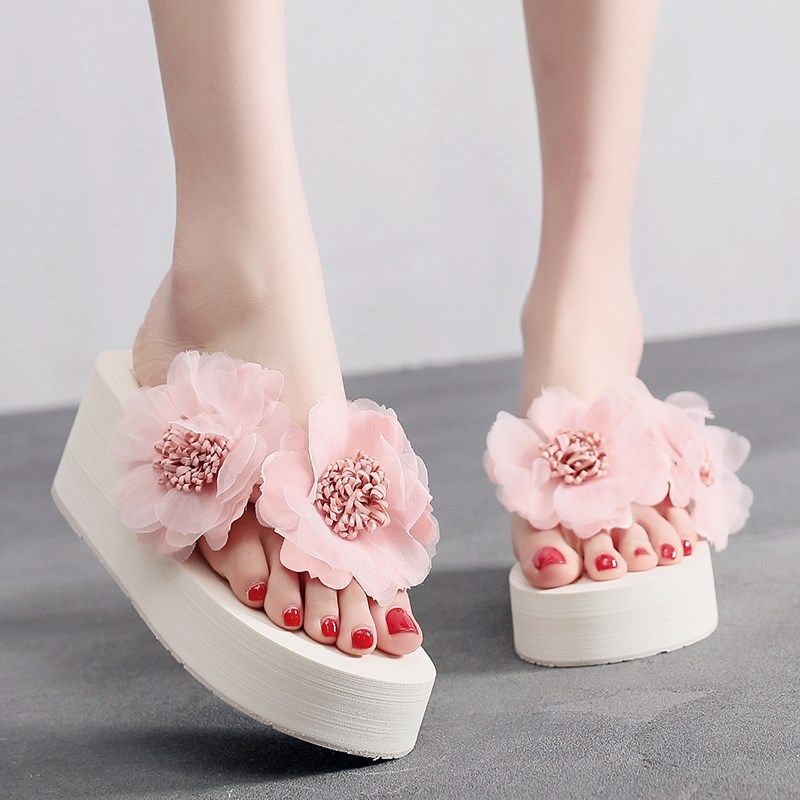 女夏甜美花朵海边沙滩拖鞋外穿坡跟厚底防滑人字拖时尚民族风凉拖,女鞋,人字拖,淘宝优惠券,粉丝福利购,淘宝优惠卷