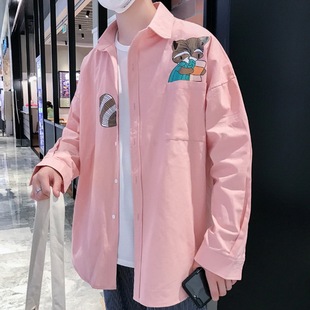 男潮流日系粉色衬衣学生休闲小清新外套5X 衬衫 港风加肥加大码 长袖