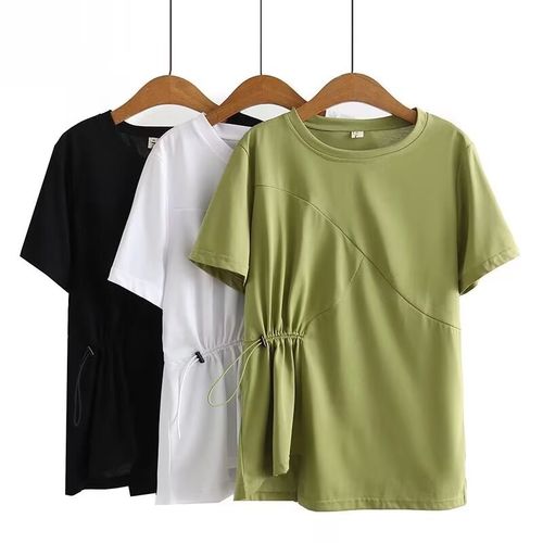 大码女装2025夏装新款侧腰抽绳胖mm显瘦短袖T恤遮肚子上衣