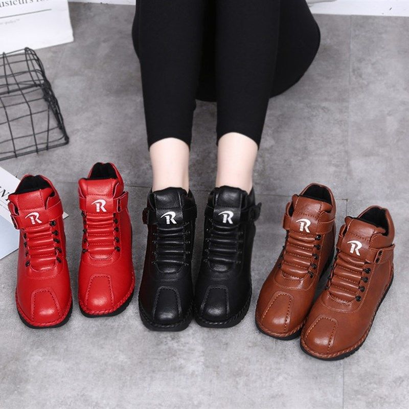 红色高帮软底短靴女真皮女鞋秋冬加绒舒适软皮平底妈妈短款马丁靴,女鞋,马丁靴,淘宝优惠券,粉丝福利购,淘宝优惠卷