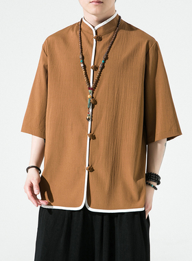 中国风男装夏季冰丝短袖衬衫中袖大码冰丝汉服立领盘扣衬衣唐装