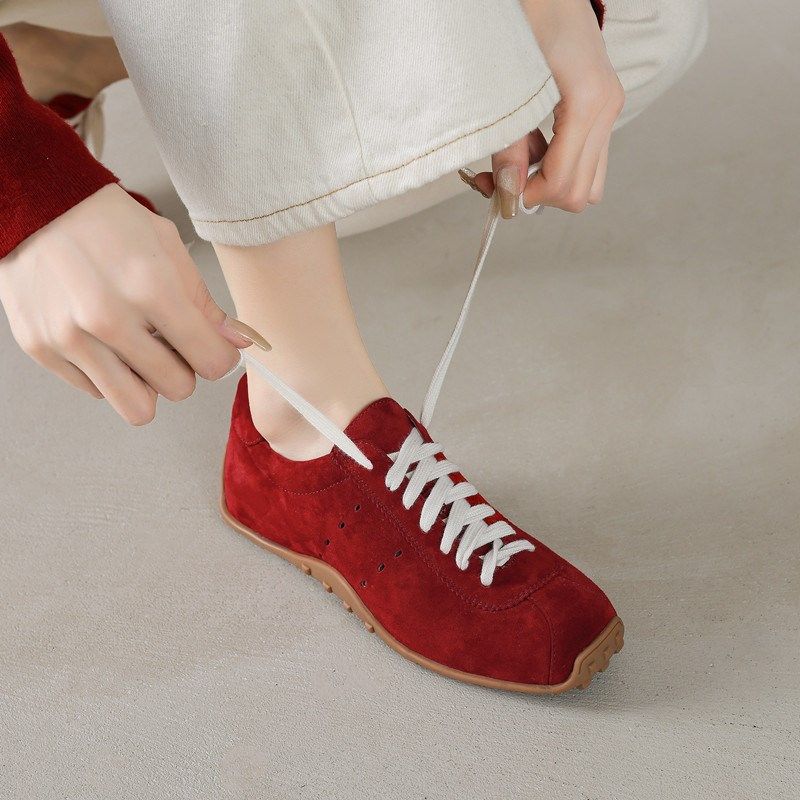 磨砂真皮厚底系带小皮鞋复古德训鞋女平底红色休闲鞋真皮方头单鞋,女鞋,深口单鞋,淘宝优惠券,粉丝福利购,淘宝优惠卷