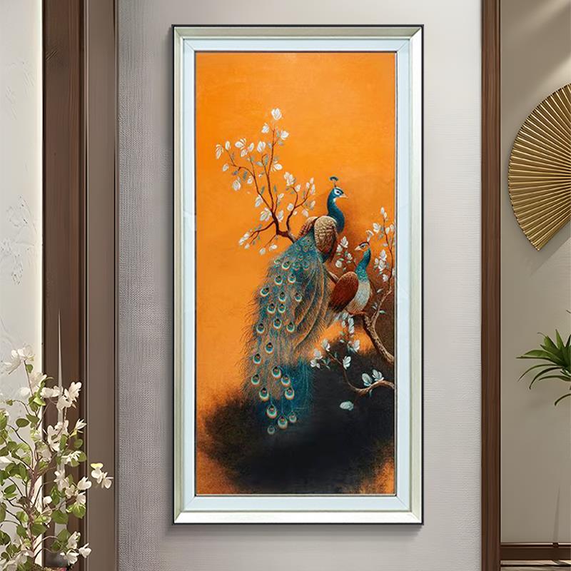 刺绣立体实物装饰画苏绣入户玄关挂画钢化玻璃装裱挂画孔雀14图片