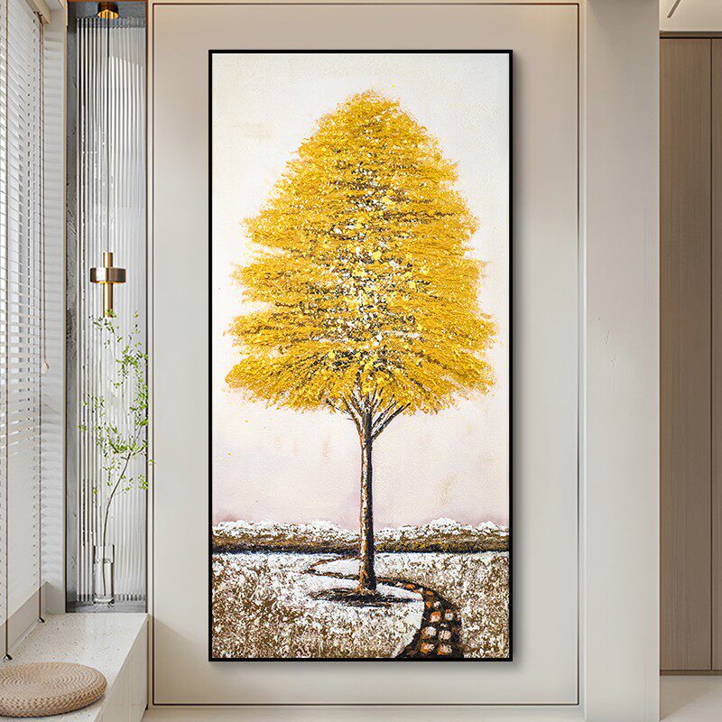 现代简约抽象手工油画 黄金树玄关装饰画 客厅背景墙轻奢树 80160