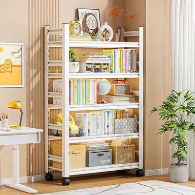 钢制书架书柜落地多层置物架一体靠墙简易可移动带轮收纳架子