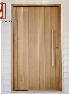 浅黄色竖纹木门偏轴入户门前后可开关旋转门超高超宽大门关带缓冲