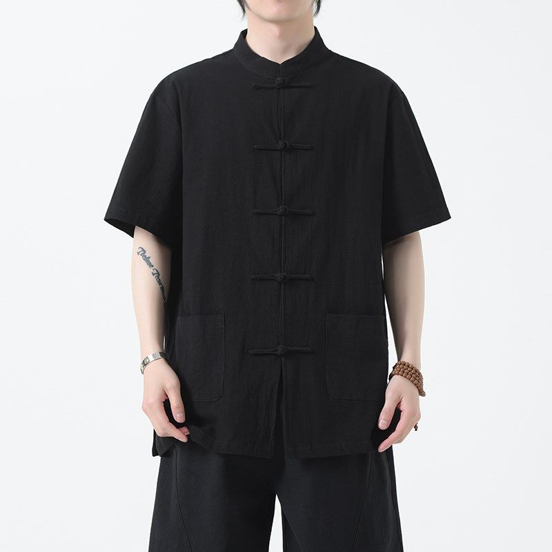 2024夏季中国风棉麻唐装短袖大码胖哥舒适汉服亚麻复古透气衬衣男,男装,唐装,淘宝优惠券,粉丝福利购,淘宝优惠卷