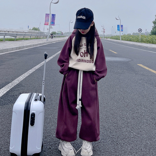 女童休闲运动服套装2023秋冬新款女大童韩版宽松连帽运动衫两件套