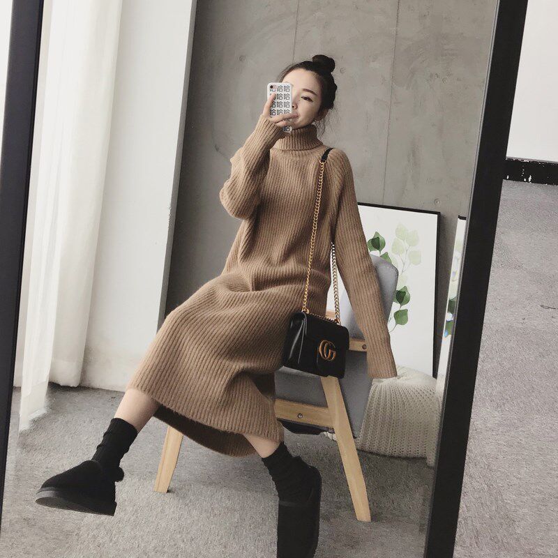毛衣女2024秋冬新款宽松高领毛衣裙过膝长款打底针织衫配大衣长裙图片