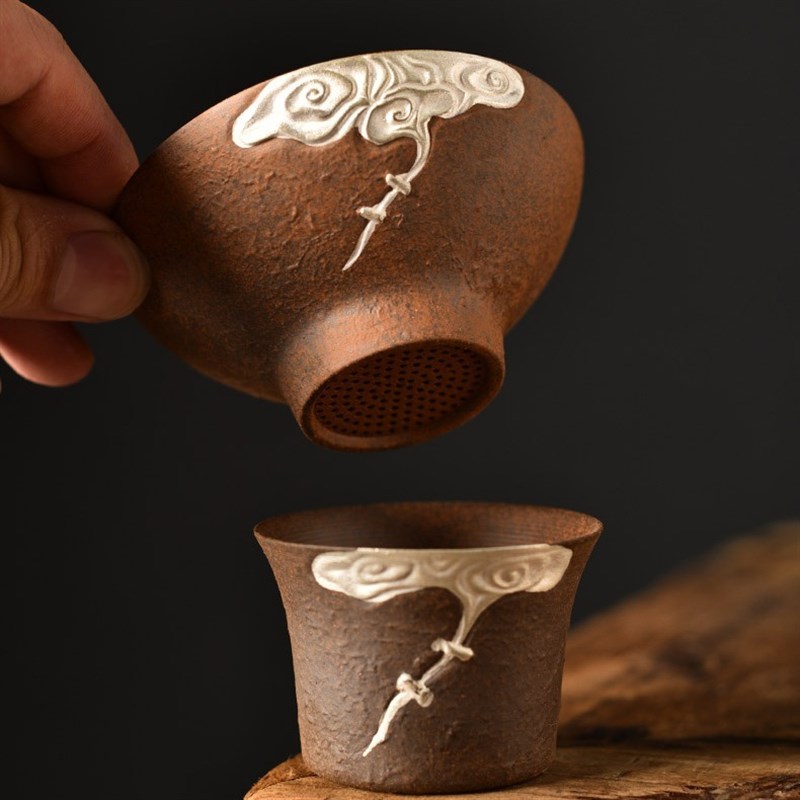 鎏银茶漏中式祥云浮雕过滤器复古原矿粗陶茶道配件茶叶过滤网